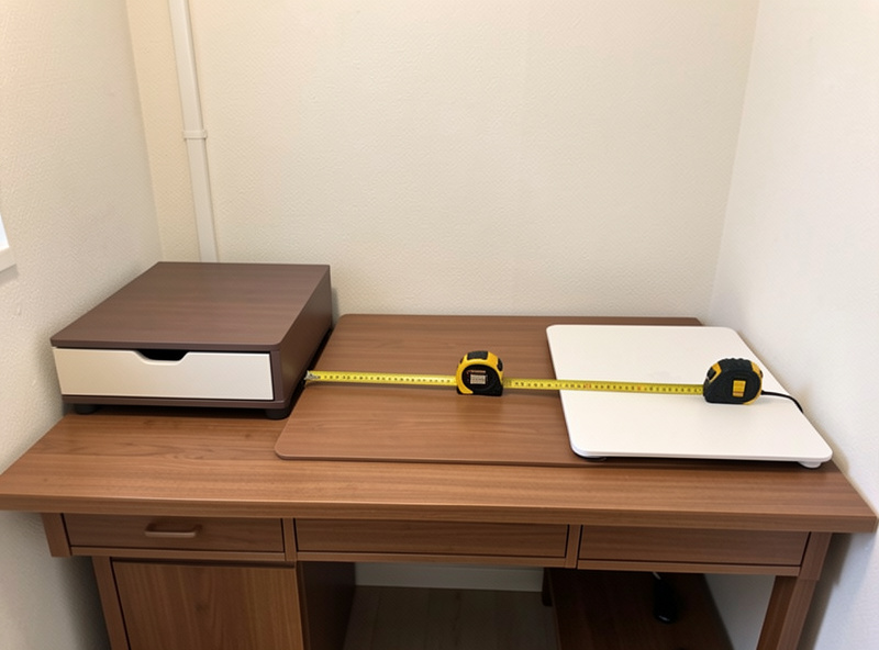 Several compact desk shapes compared in a small apartment room with a tape measure on the surface