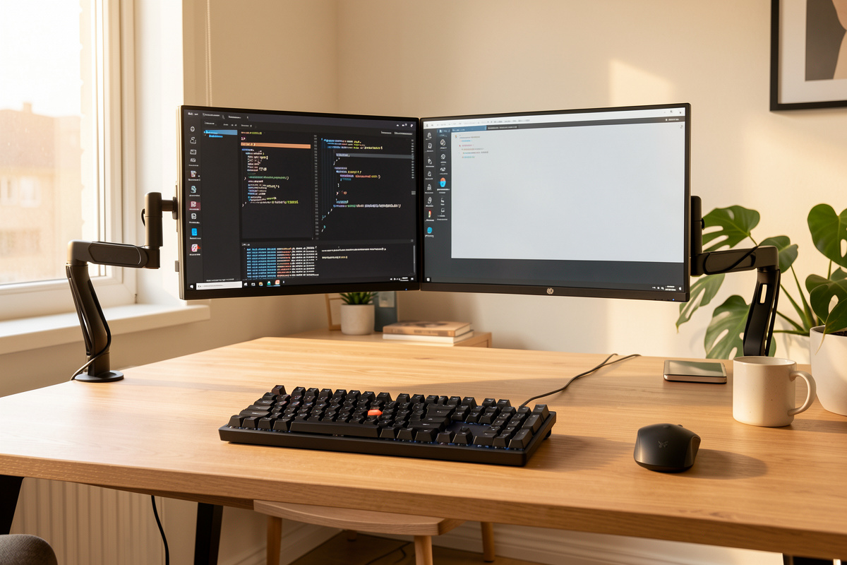 Programmer home office desk with dual monitors on arms, mechanical keyboard and warm natural light