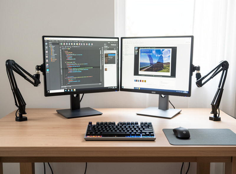 Programmer desk workstation with dual monitors on arms, mechanical keyboard and a measured layout