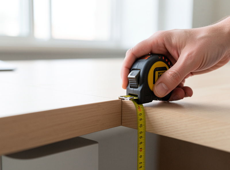 Tape measure checking desk surface height against seated elbow height at a coding workstation