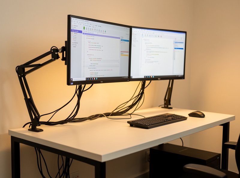 Dual monitors mounted on gas-spring arms at eye level above a tidy programmer desk