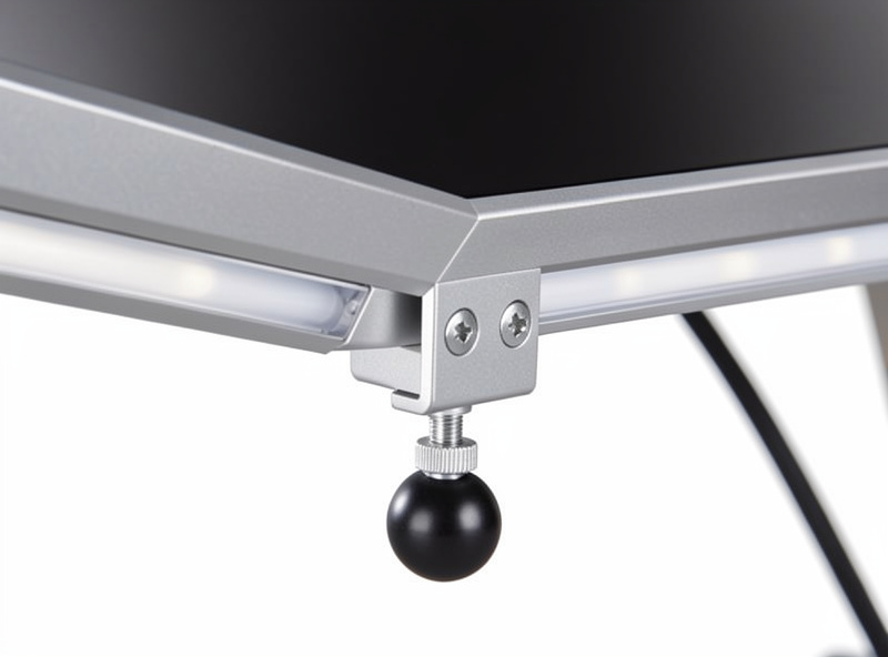 Close-up of a monitor light bar clamp and counterweight resting on a slim monitor bezel