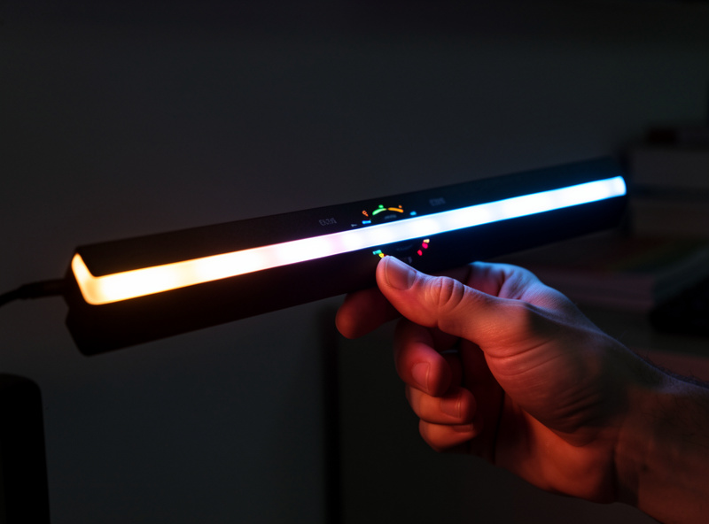 Hand turning a rotary dial on a monitor light bar to adjust color temperature