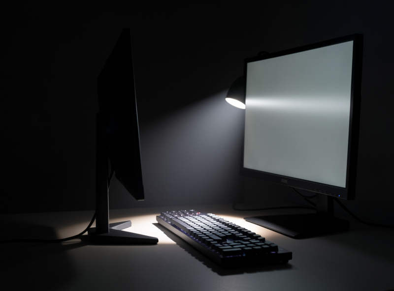 Side view of a monitor light bar's beam falling on the desk while leaving the monitor screen unlit
