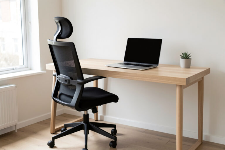 Affordable mesh office chair at a minimalist home desk