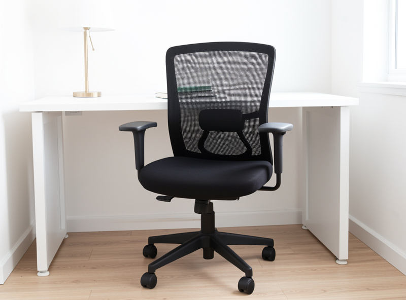 A budget mesh ergonomic office chair at a simple home desk setup