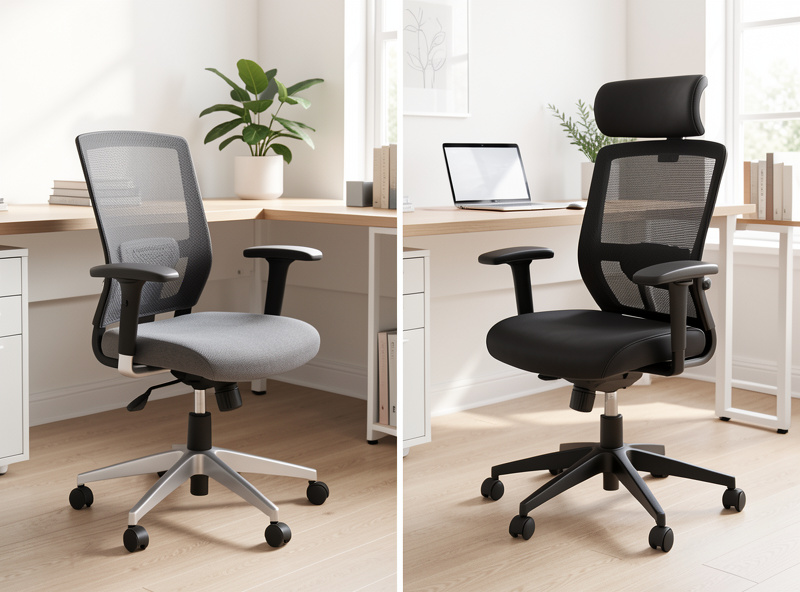 Comparison of a budget office chair next to a contract-grade premium chair in a home office