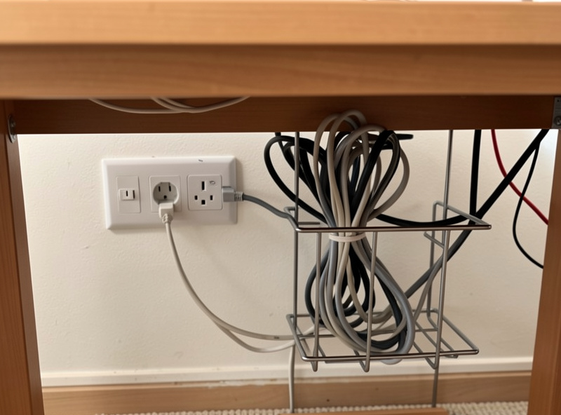 Under-desk mounted power strip and cable tray carrying a tidy bundle of cables