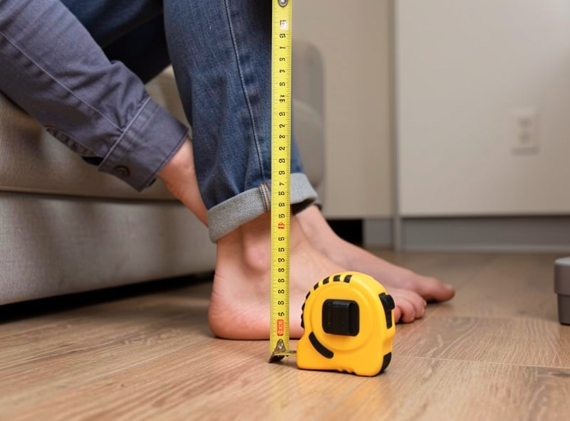 Person measuring seated popliteal height from floor to underside of the knee with a tape measure