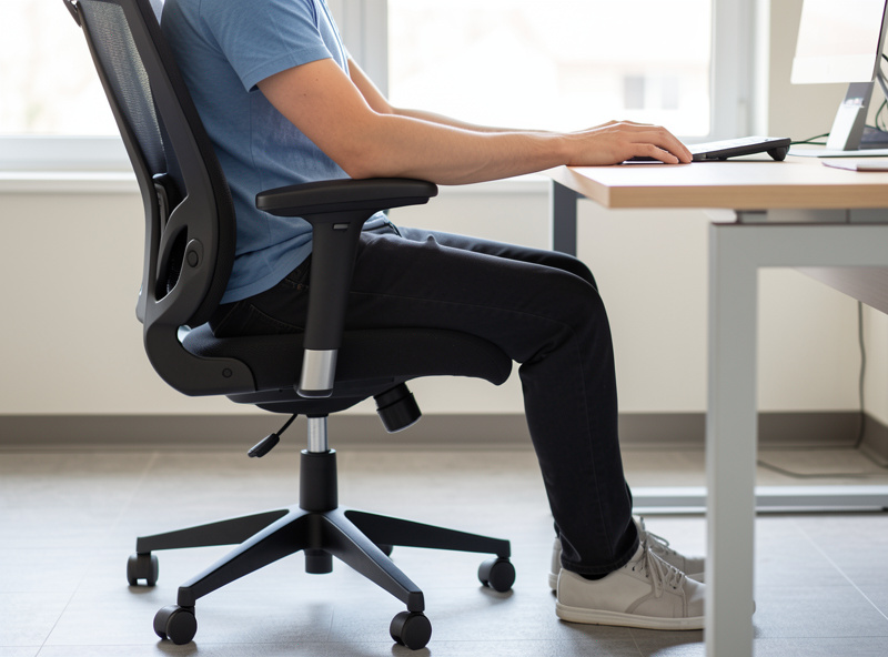 Seated person with feet flat on the floor and forearms resting level on ergonomic chair armrests