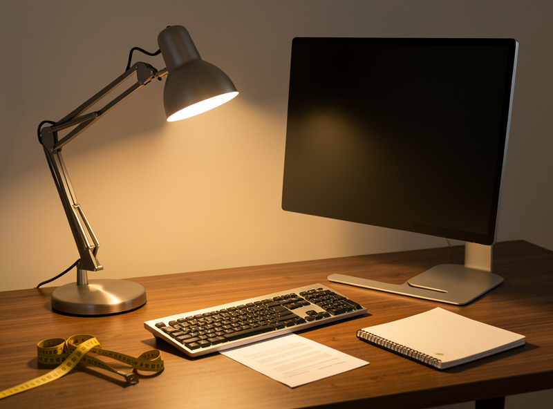 Adjustable desk lamp beside a monitor casting a warm pool of task light on documents and keyboard