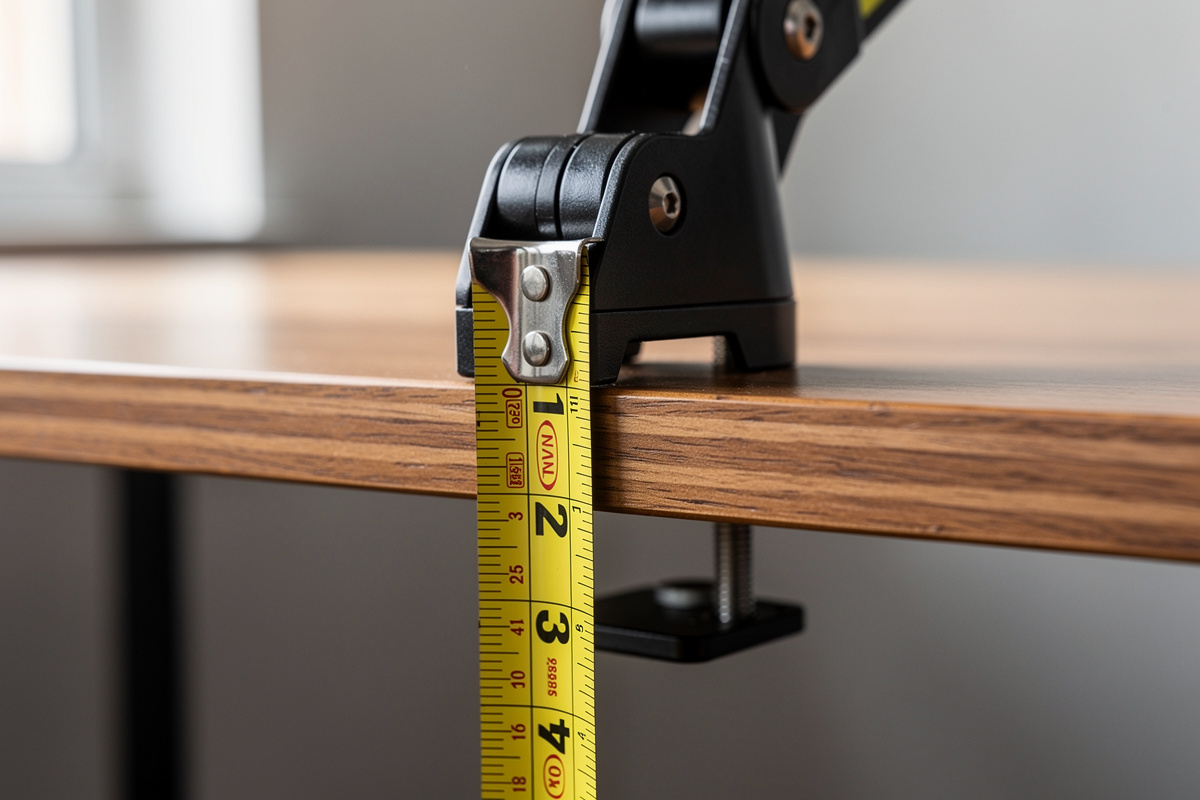 A C-clamp monitor arm mount gripping a thick wooden desktop with a tape measure showing the thickness