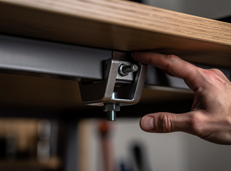 Underside view of a desk showing a monitor arm C-clamp jaw and the clearance beneath it
