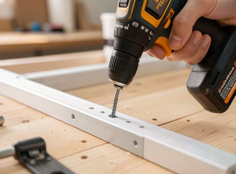 Hands using a cordless drill to drive a mounting screw through a frame bracket into a wooden desktop
