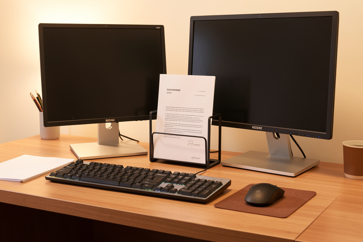 Tidy desk with an inline document holder between keyboard and monitor holding reference paper