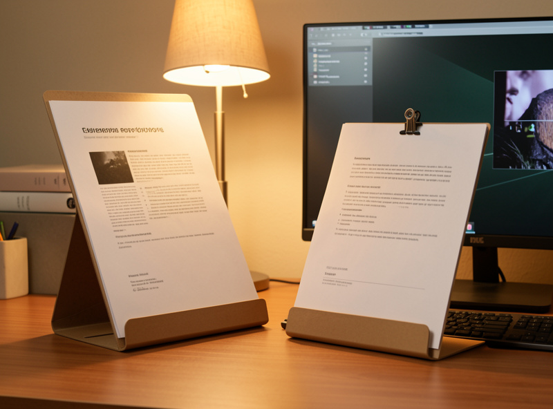 Slant document holder beside a monitor with a sheet of reference paper held upright