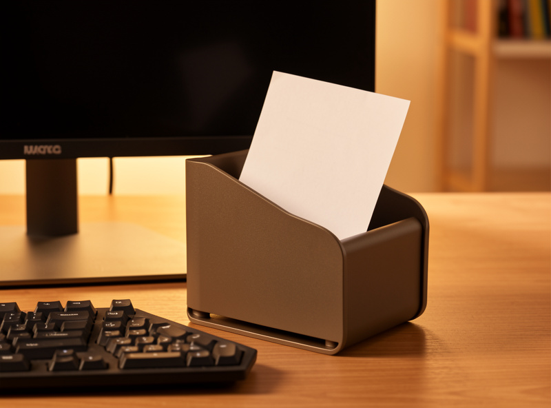 Inline document holder sitting in the gap between a keyboard and the monitor base holding raised paper