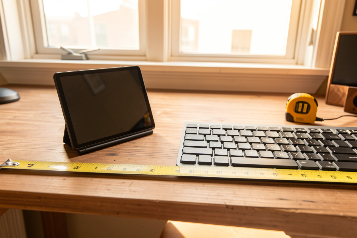 Pen tablet beside a keyboard on a measured desk with a tape measure