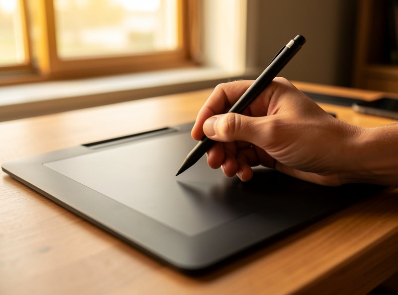Hand holding a stylus on a black graphics tablet on a wooden desk in warm light