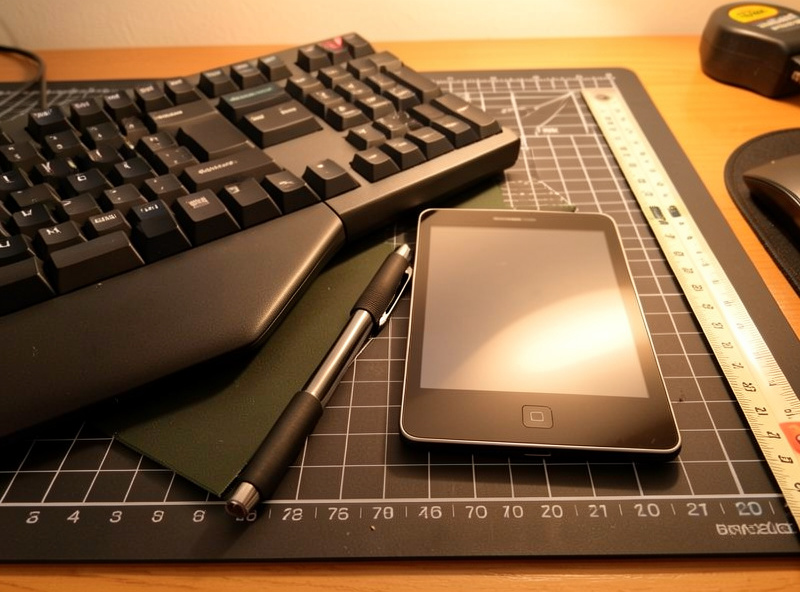 Small graphics pen tablet beside a mechanical keyboard on a measured desk mat with a tape measure