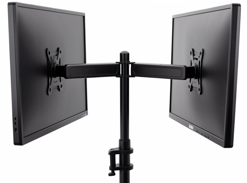 Single dual monitor arm with two screens on a shared crossbar and center pole