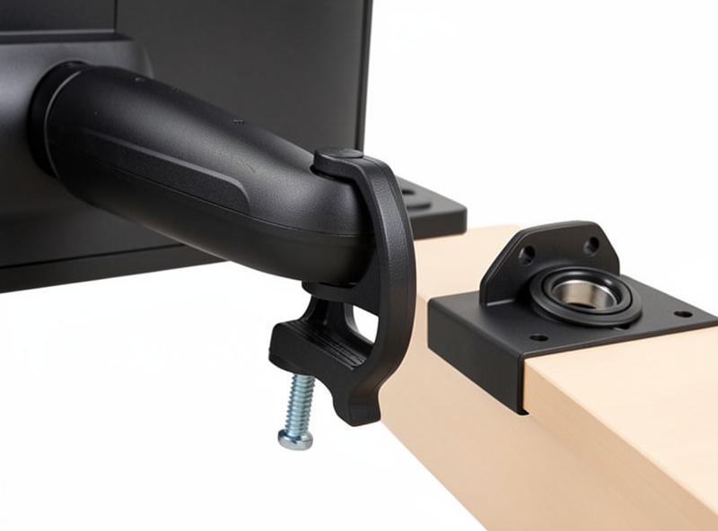 Monitor arm C-clamp on a desk edge beside a grommet mount showing both options