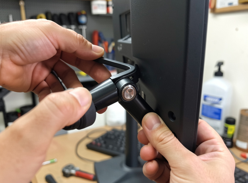 Hands toeing a monitor inward on a gas-spring arm to set the angle