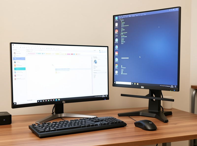 Vertical portrait monitor mounted lower than its landscape neighbor to balance eye line