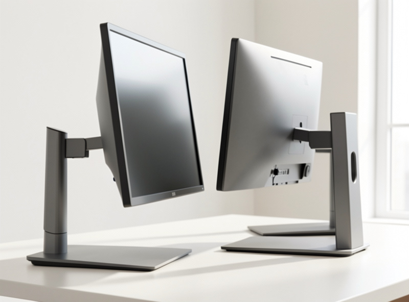 Side view of two monitors tilted slightly back to square the surface to a seated eye line