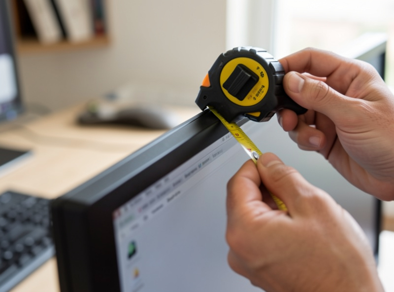 Tape measure held against a monitor top bezel to set screen height at a desk