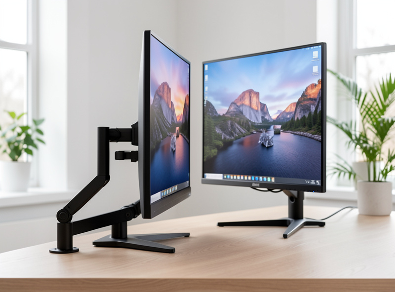 Dual monitor setup with one screen rotated to vertical portrait orientation beside a landscape monitor