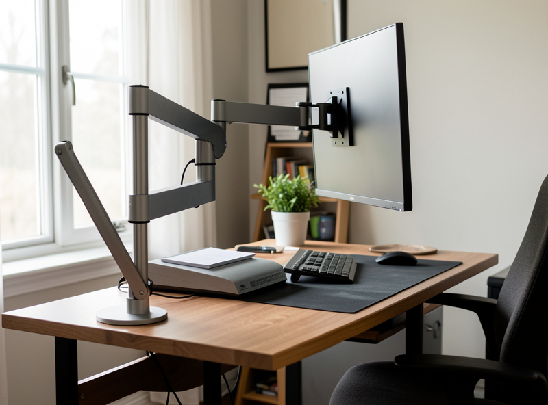 A standing desk loaded unevenly with a heavy monitor arm clamped to one corner