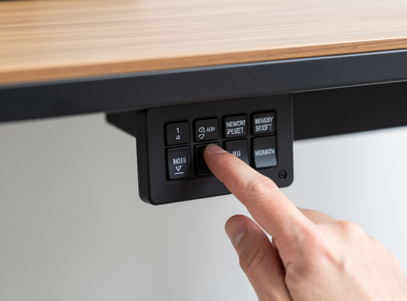 A finger pressing a memory preset button on a standing desk controller keypad