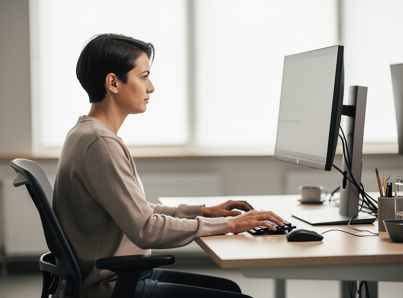 Side view of a desk workstation showing relaxed forearms level with the keyboard and the top of the monitor near seated eye level