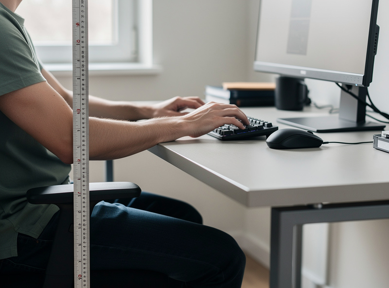 Person seated at a desk with forearms level and elbows bent to ninety degrees while a tape measure records the floor-to-elbow distance