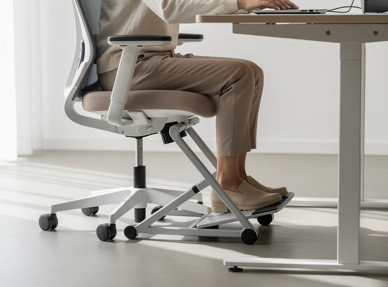 A footrest under a desk supporting the feet of someone seated in a raised office chair, illustrating the fixed-desk solution