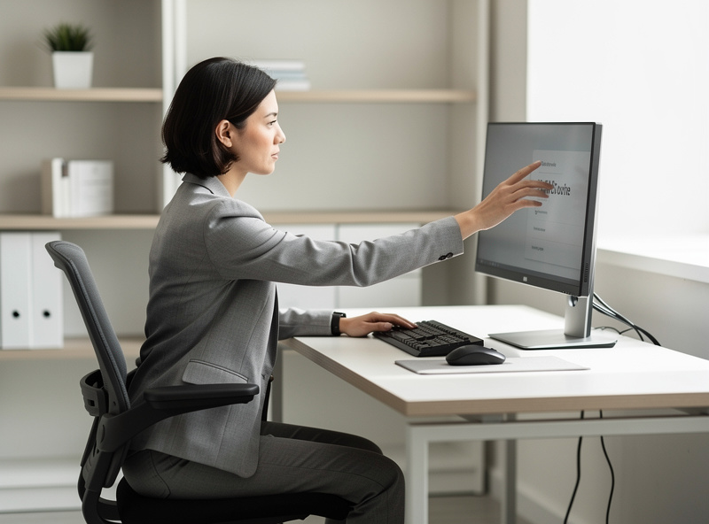 Person seated at a desk reaching out with fingertips just touching a monitor screen, demonstrating the arm's-length distance starting point