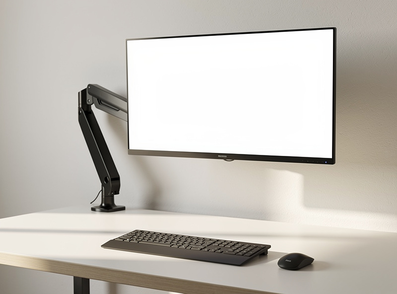A large monitor mounted on a gas-spring desk arm pushed back toward the wall, freeing up desk depth in front of the keyboard