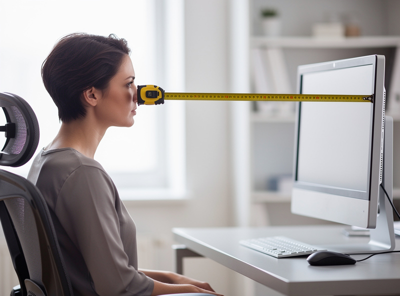 A tape measure stretched from a seated person's face to the surface of a desktop monitor, recording the eye-to-screen distance