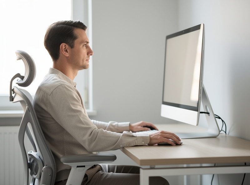 Side view of a seated person looking straight ahead with the top of the monitor at eye level and gaze falling slightly into the upper third of the screen