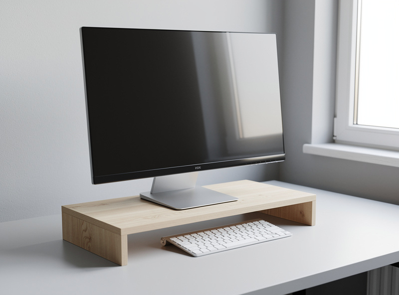 A desktop monitor raised on a simple riser shelf with the keyboard tucked underneath, bringing the screen top up to eye level