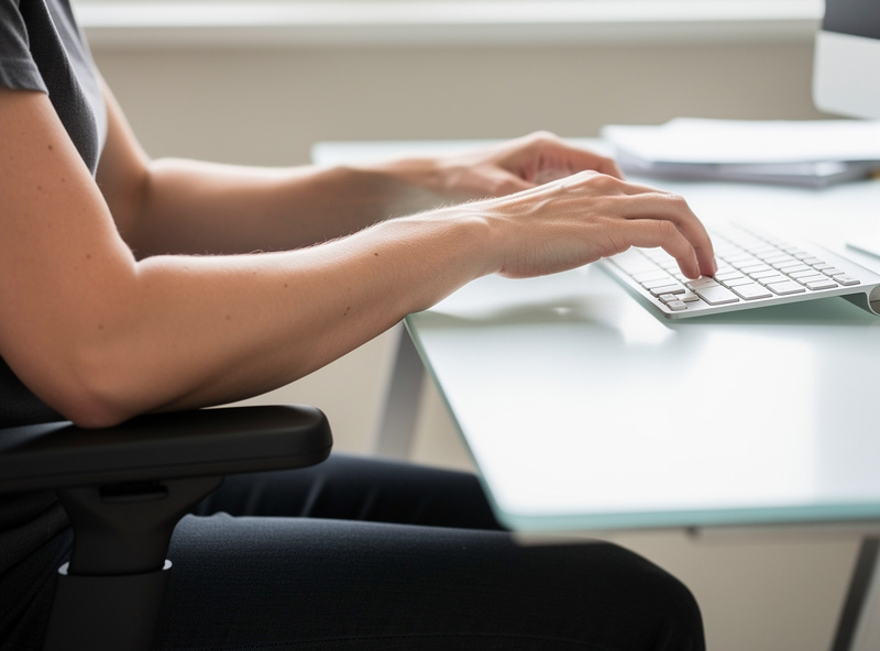 Seated person at a desk with forearms angled upward and wrists cocked back to reach the keyboard, showing the symptom of a desk that is too high