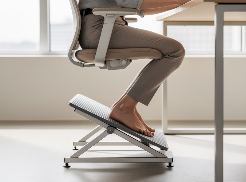 An adjustable footrest supporting the feet of a person seated in a raised office chair at a desk, knees near ninety degrees