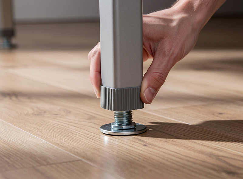 Close-up of adjustable leveling feet on a desk leg being turned to lower the desk height