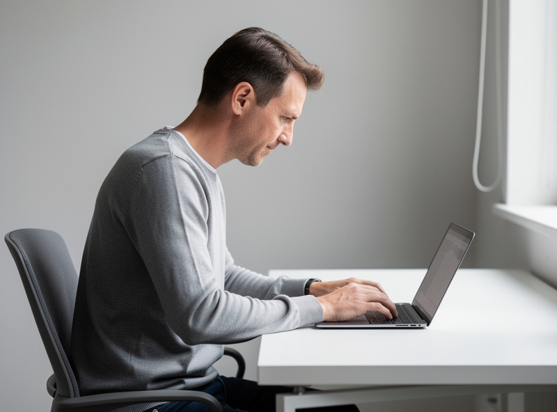 A laptop used flat on a desk showing the head tilted down to the low screen, illustrating why a laptop cannot be set up ergonomically as-is