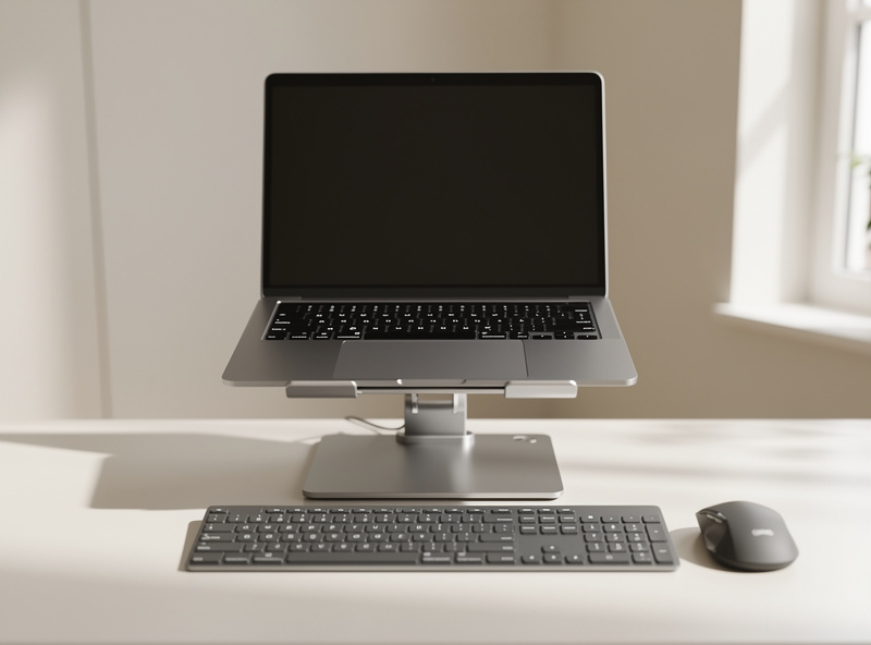 A laptop raised on an adjustable stand to eye level with a separate external keyboard and mouse on the desk in front of it