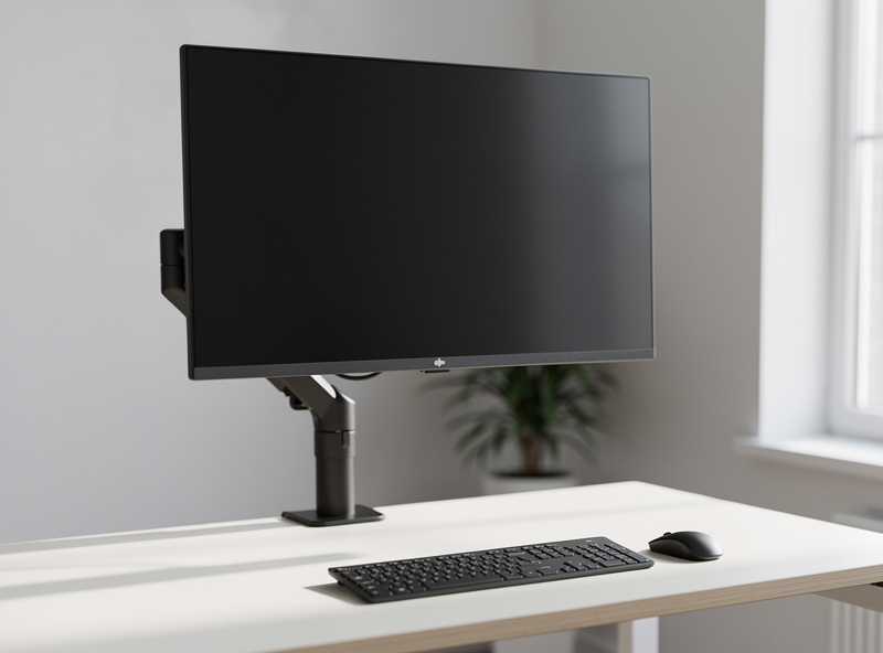 A standing desk raised to standing height with a monitor on an arm positioned at the standing user's eye level