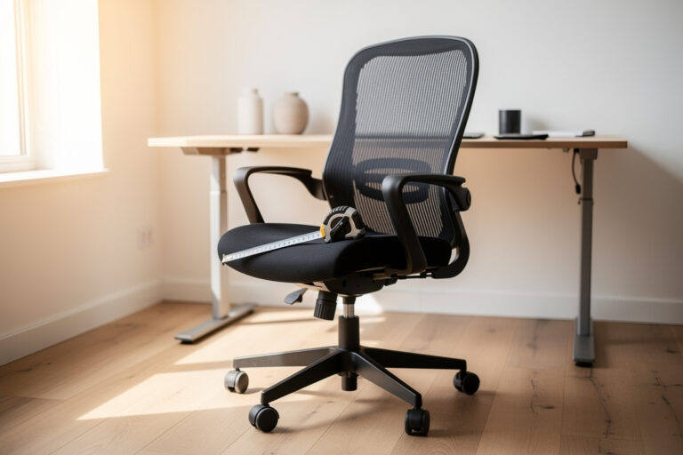 Ergonomic mesh office chair beside an adjustable desk with a tape measure on the seat