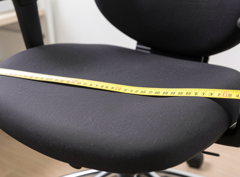 An ergonomic office chair with a tape measure laid across the seat pan to check seat depth against femur length