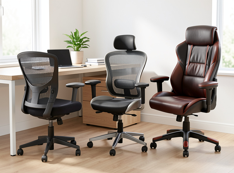 Three office chairs of different tiers lined up beside a desk for a side-by-side dimension comparison